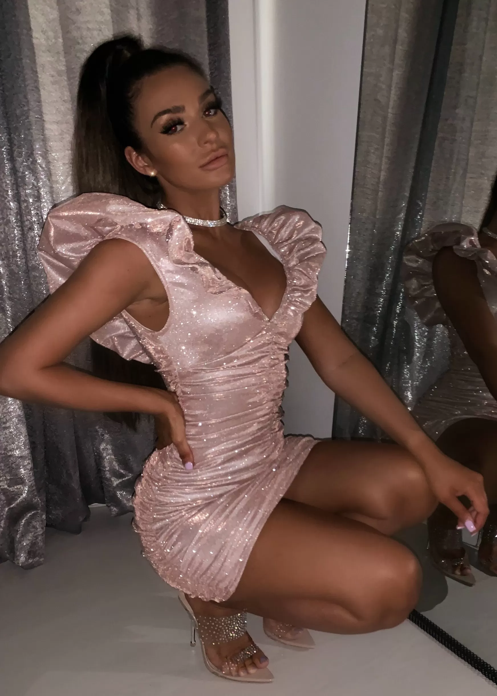 Dressmezee Dresses<Bling It On Extreme Puff Sleeve Glitter Dress - Rose Gold