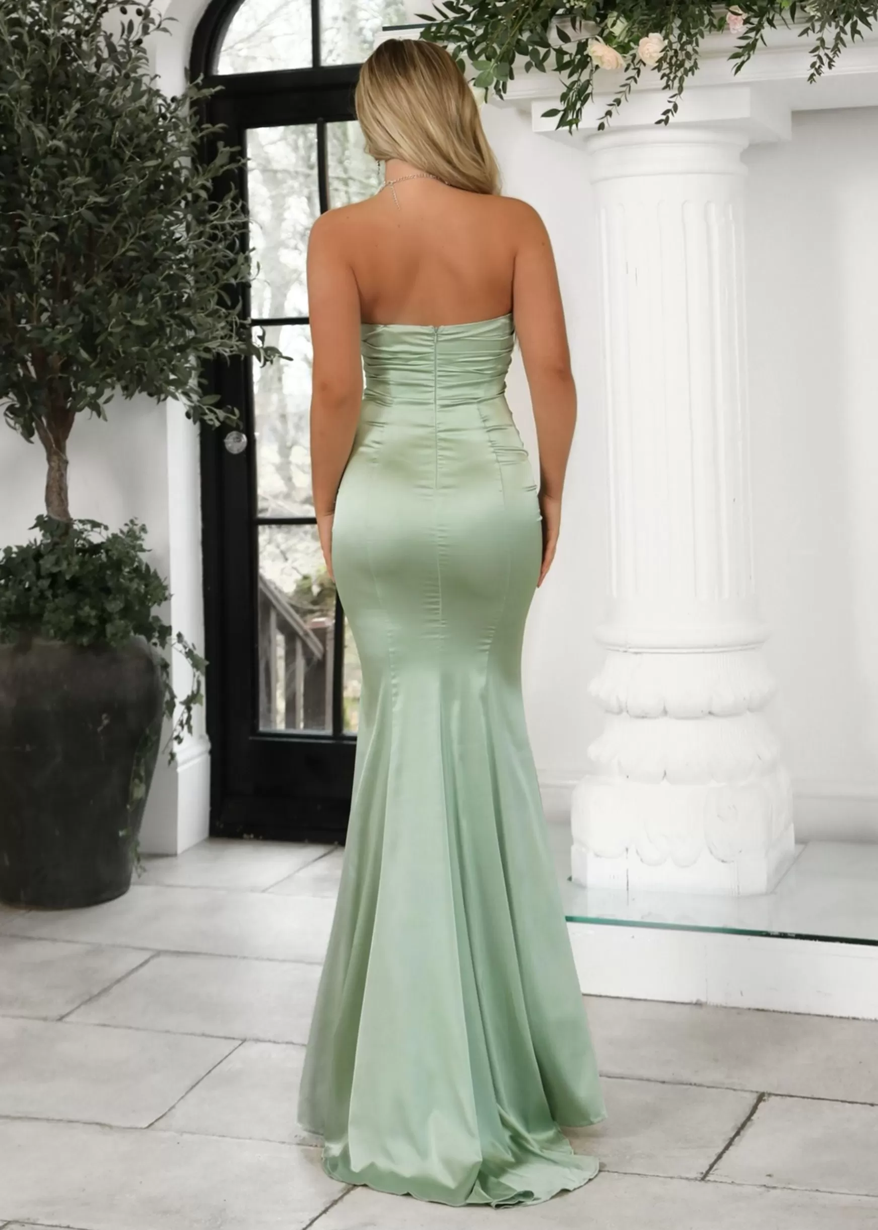 Dressmezee Occasion Wear<Delilah Ruched Corset Satin Gown - Sage