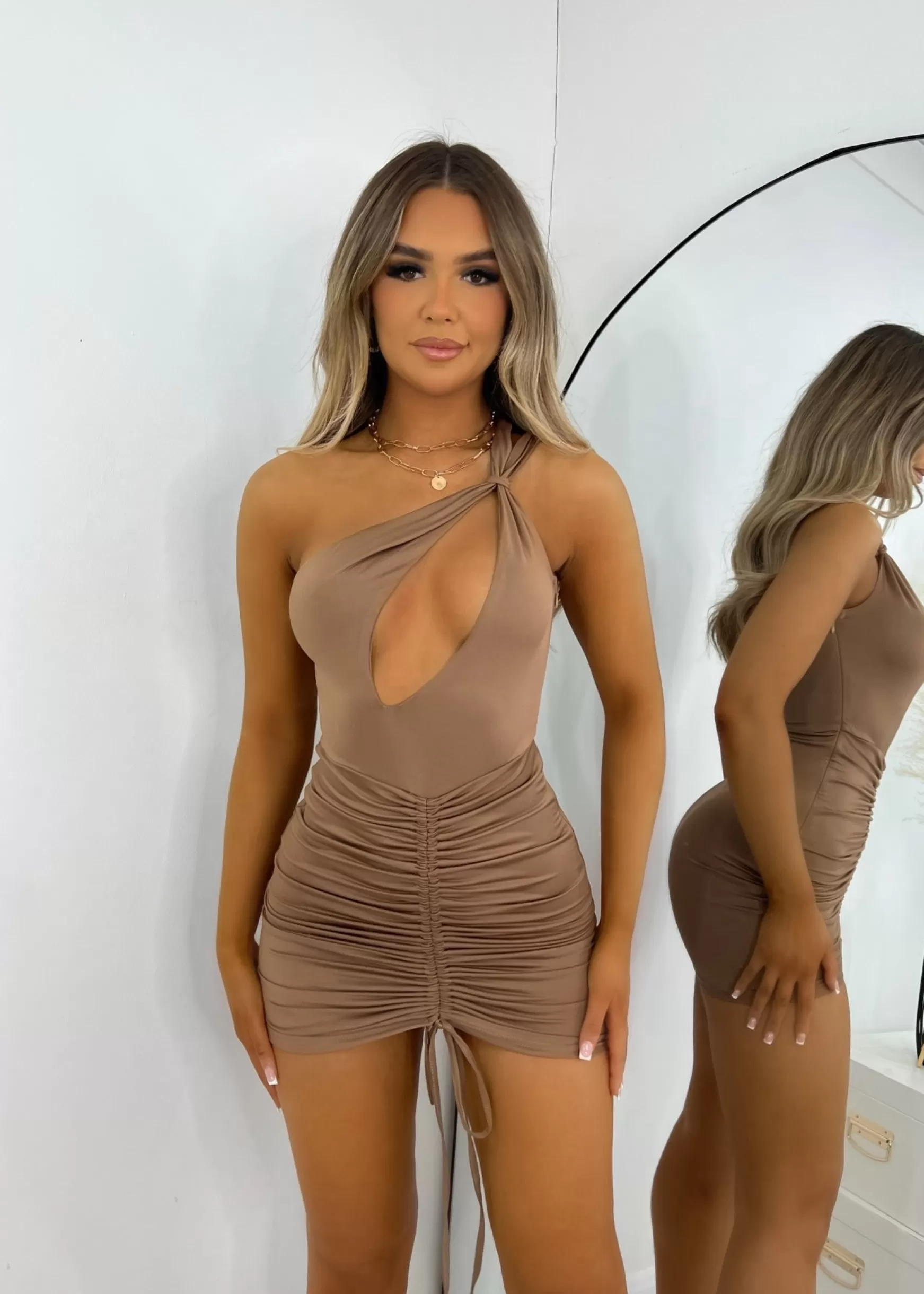 Dressmezee Dresses<For Keeps Ruched Cut Out Mini Dress - Mocha