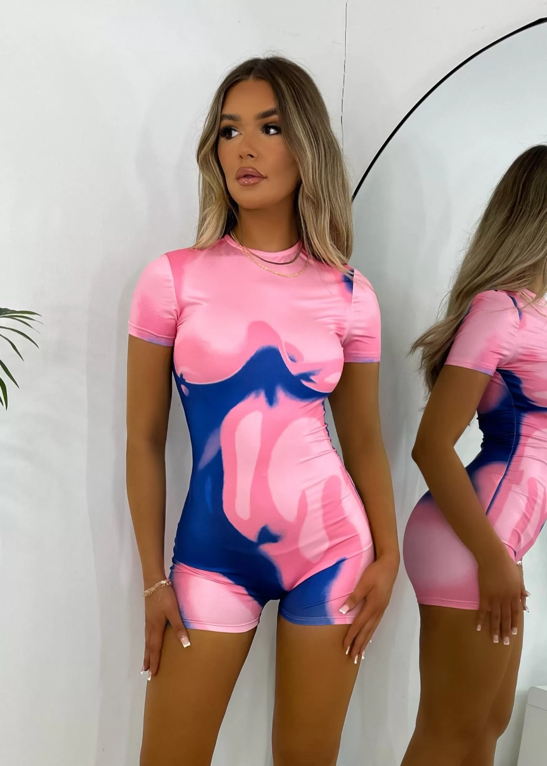 Dressmezee Rompers & Jumpsuits<Heating Up Printed Romper - Pink/Blue