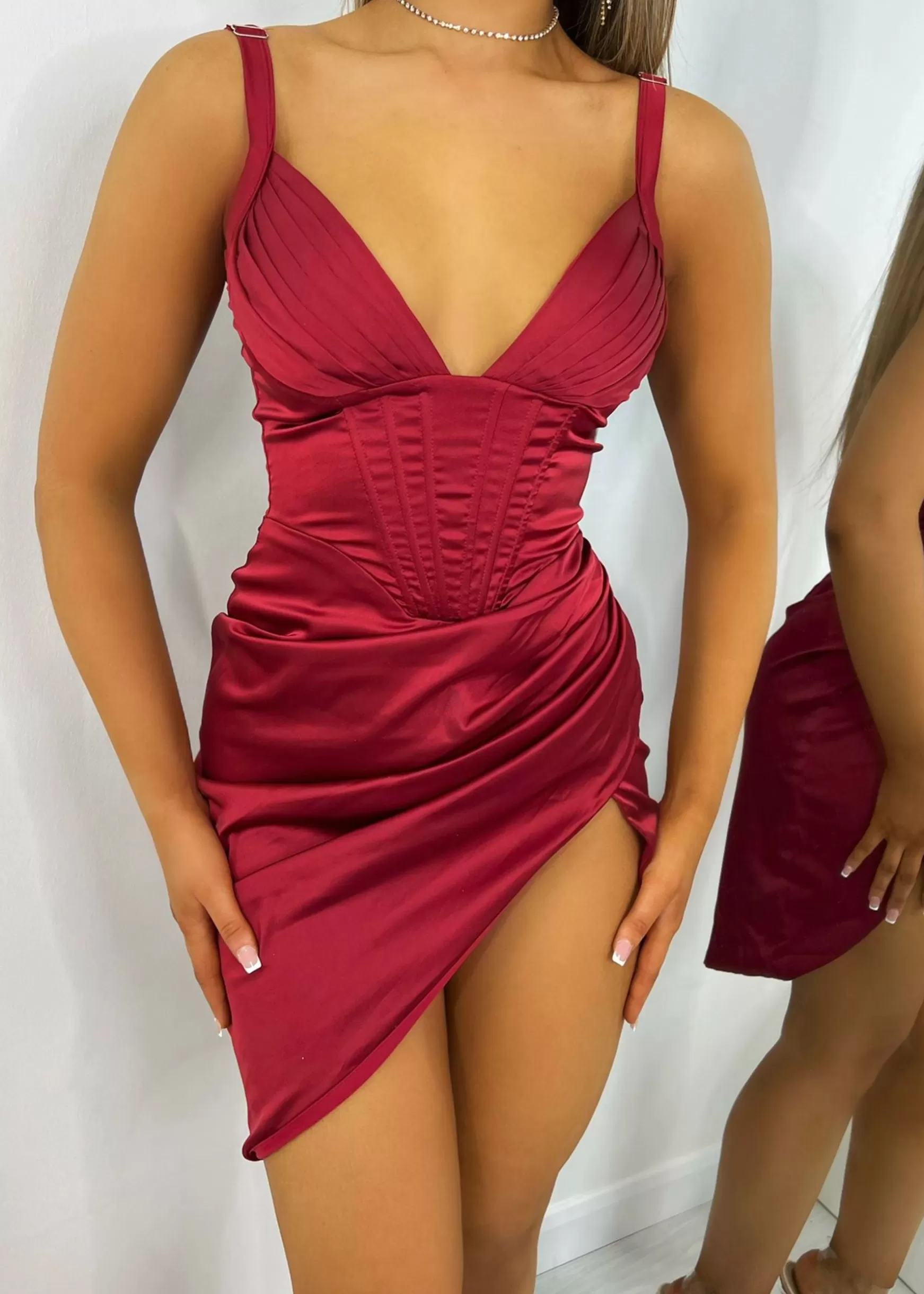 Dressmezee Dresses<Jean Pleated Cup Corset Midi Dress - Wine