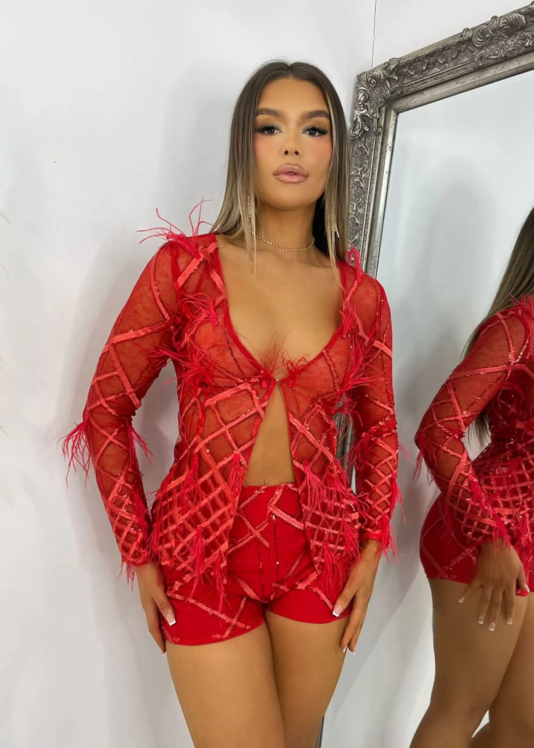 Dressmezee Co-Ords<Just My Type Feather Mesh Two Piece - Red