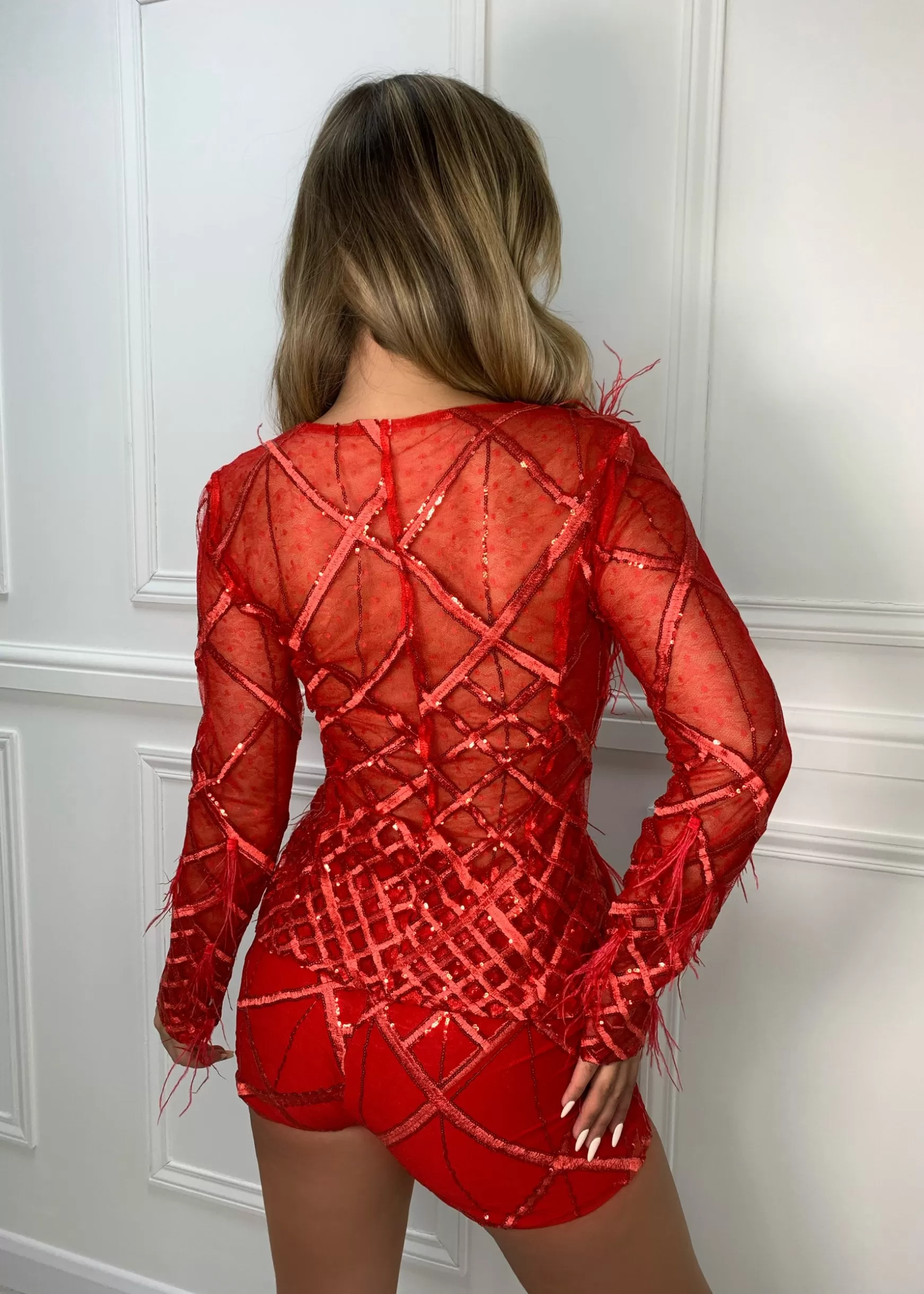 Dressmezee Co-Ords<Just My Type Feather Mesh Two Piece - Red