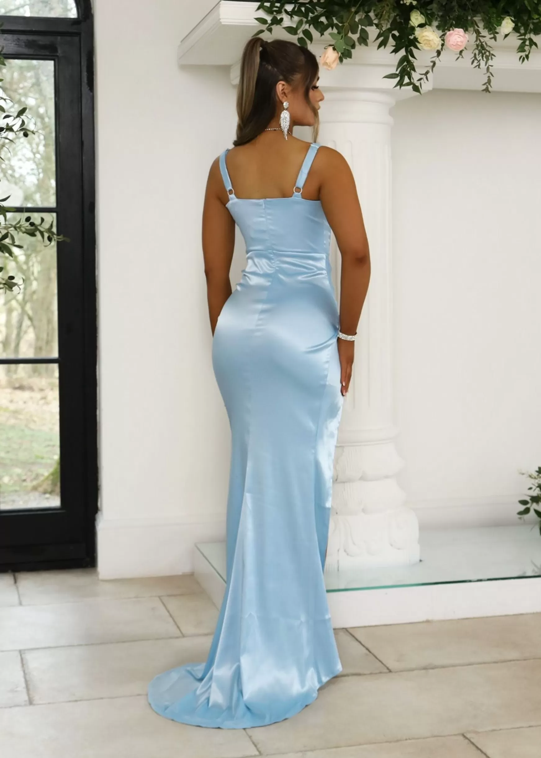 Dressmezee Dresses<Lennox Corset Satin Split Gown - Light Blue