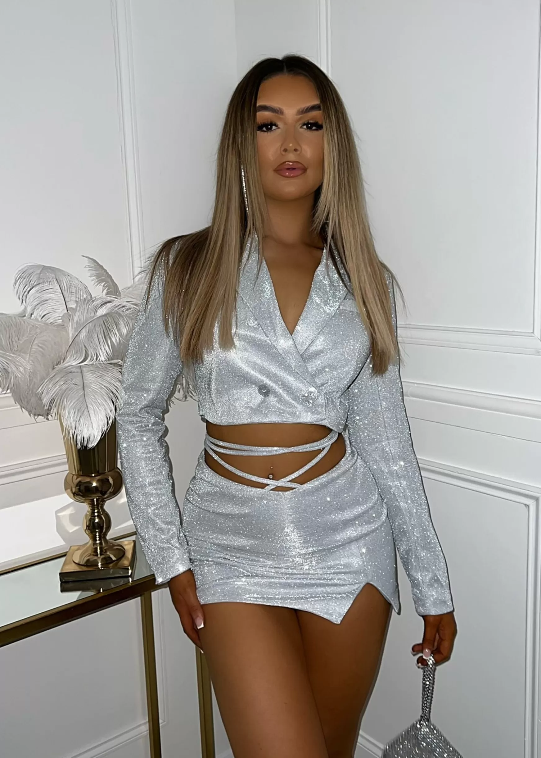 Dressmezee Tops / Bodysuits<Midnight Memories Glitter Blazer Top - Silver