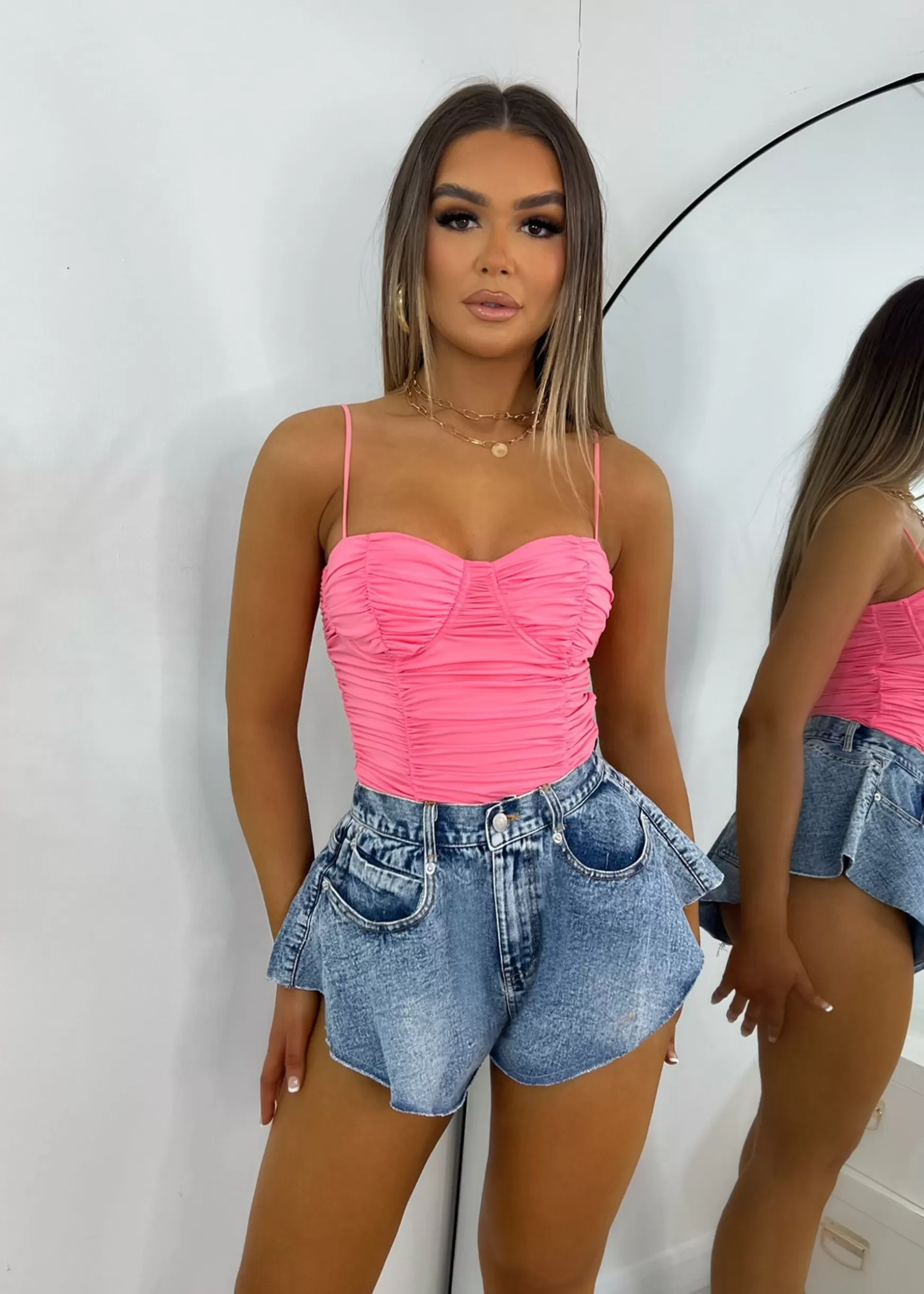 Dressmezee Tops / Bodysuits<No Complaints Ruched Bodysuit - Pink