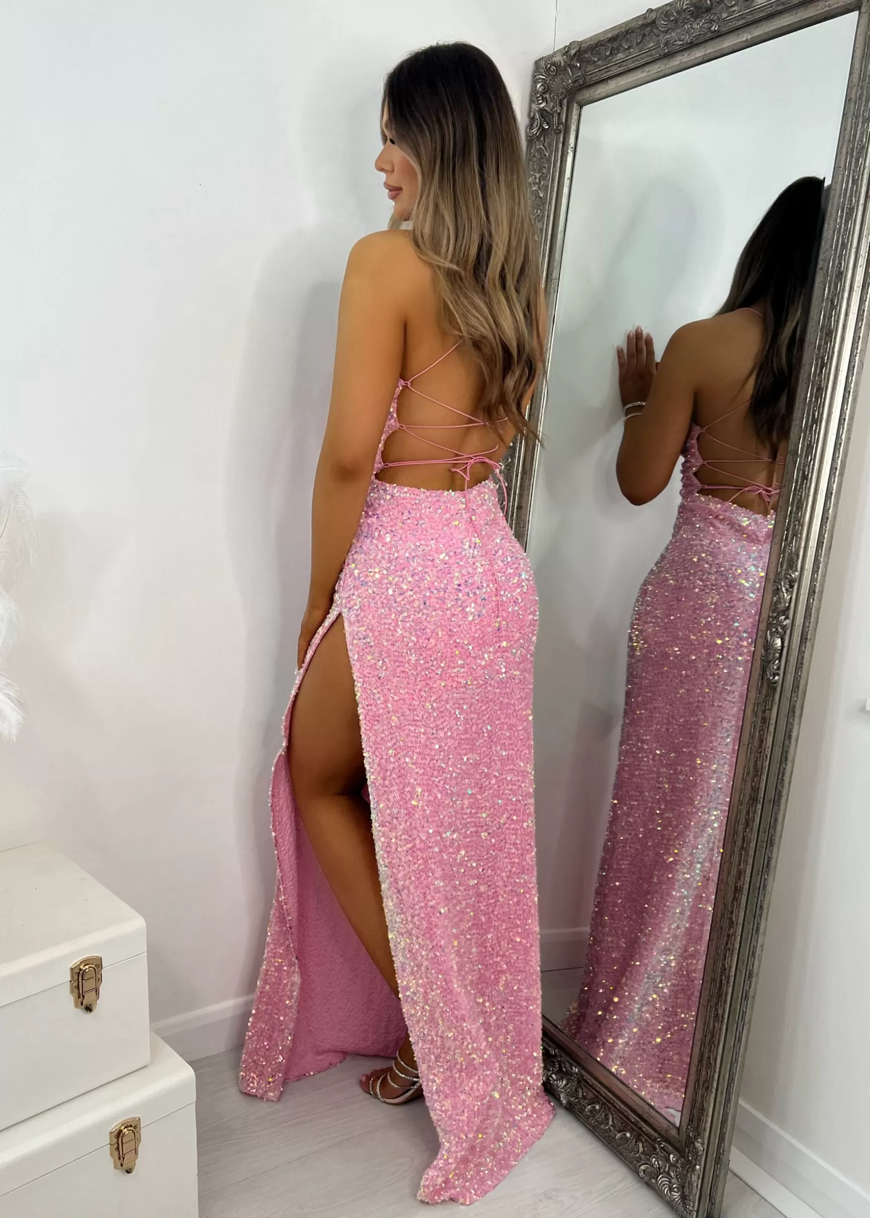 Dressmezee Dresses<Sherri Sequin Split Gown - Pink