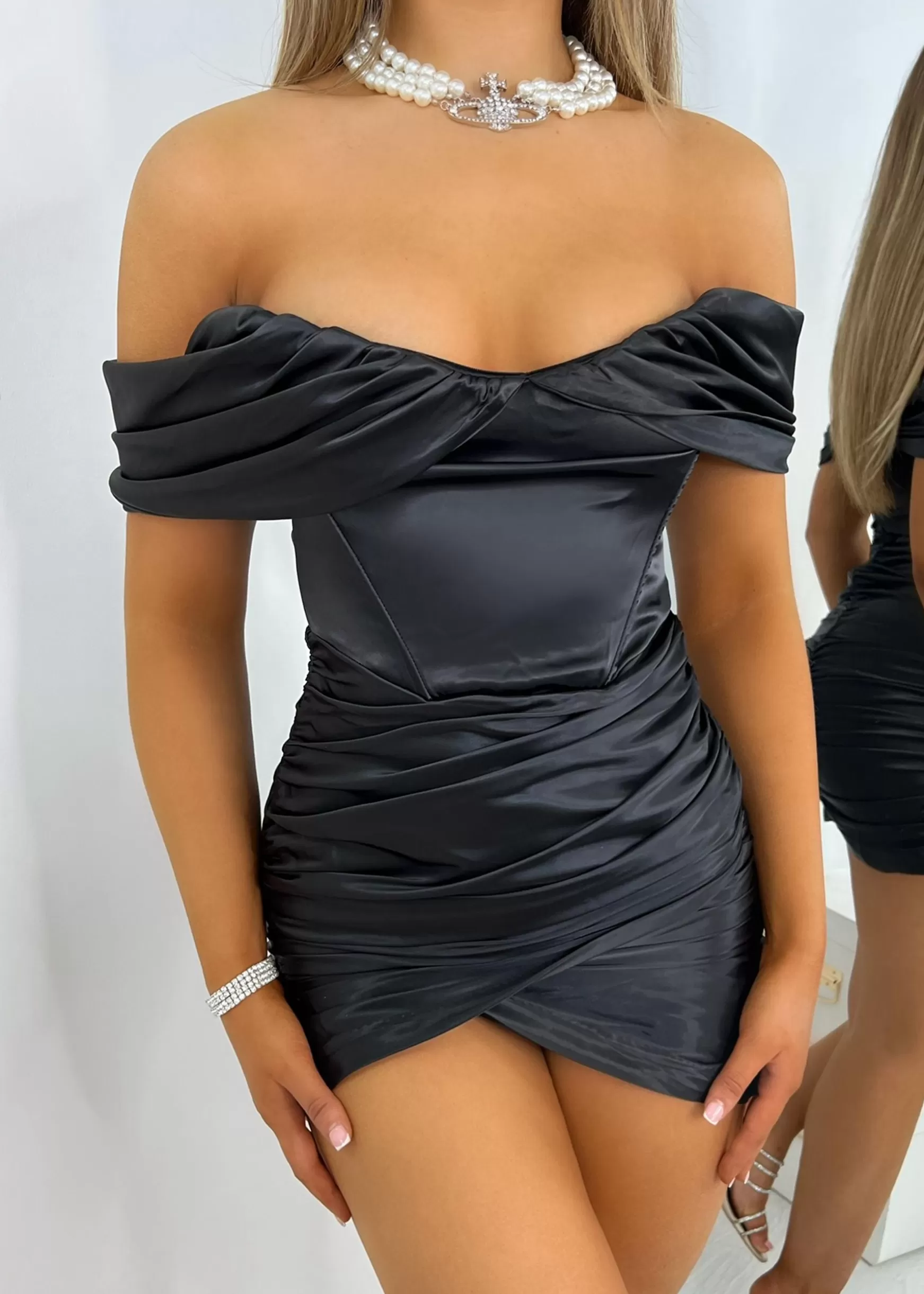 Dressmezee Dresses<Slipped My Mind Bardot Corset Satin Dress - Black
