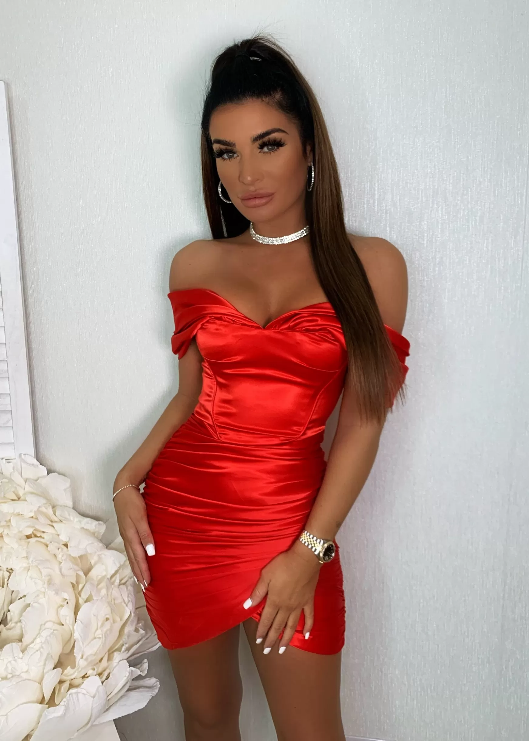 Dressmezee Dresses<Slipped My Mind Bardot Corset Satin Dress - Red