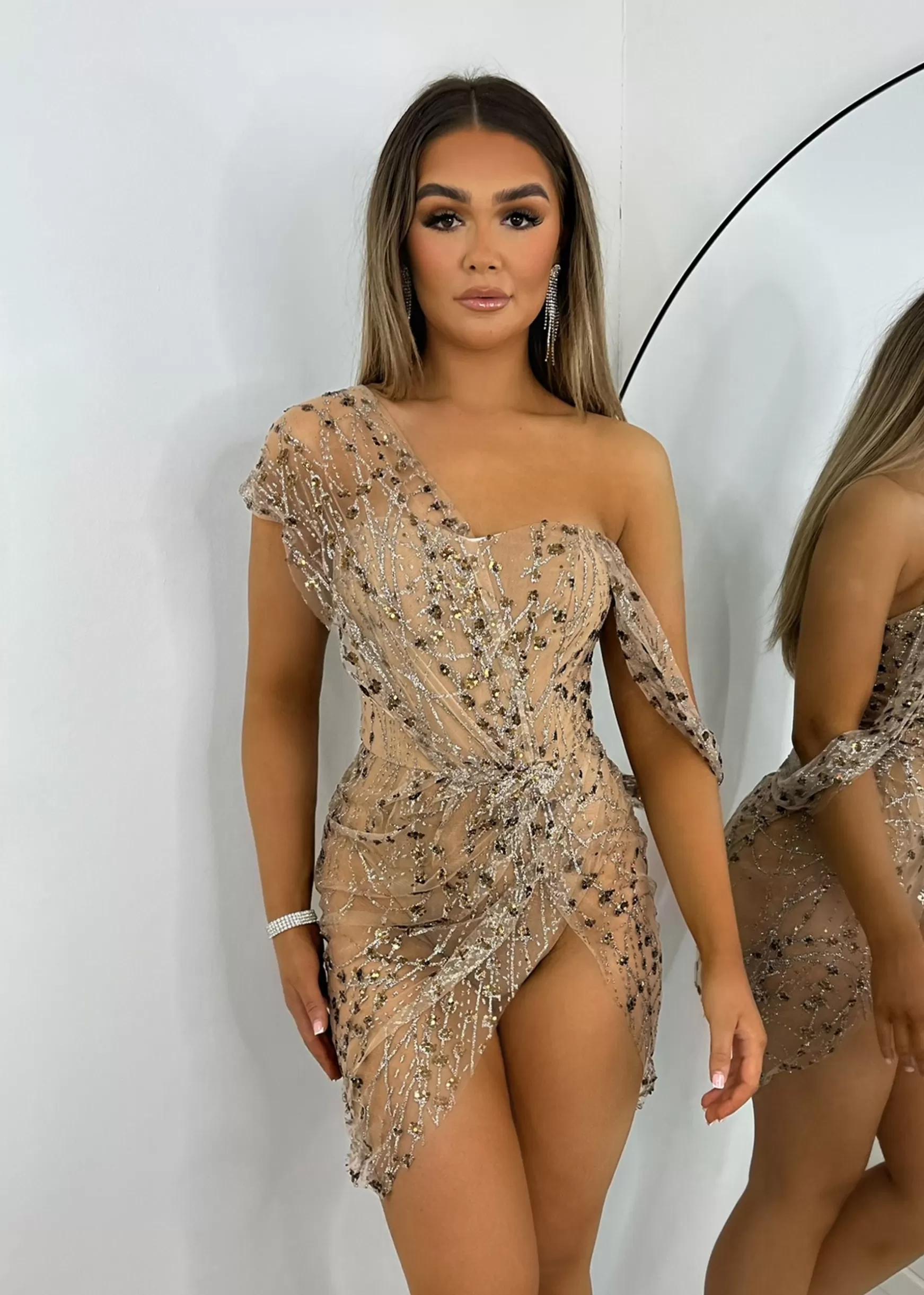 Dressmezee Dresses<Sparkle Delight Glitter Mesh Dress - Bronze